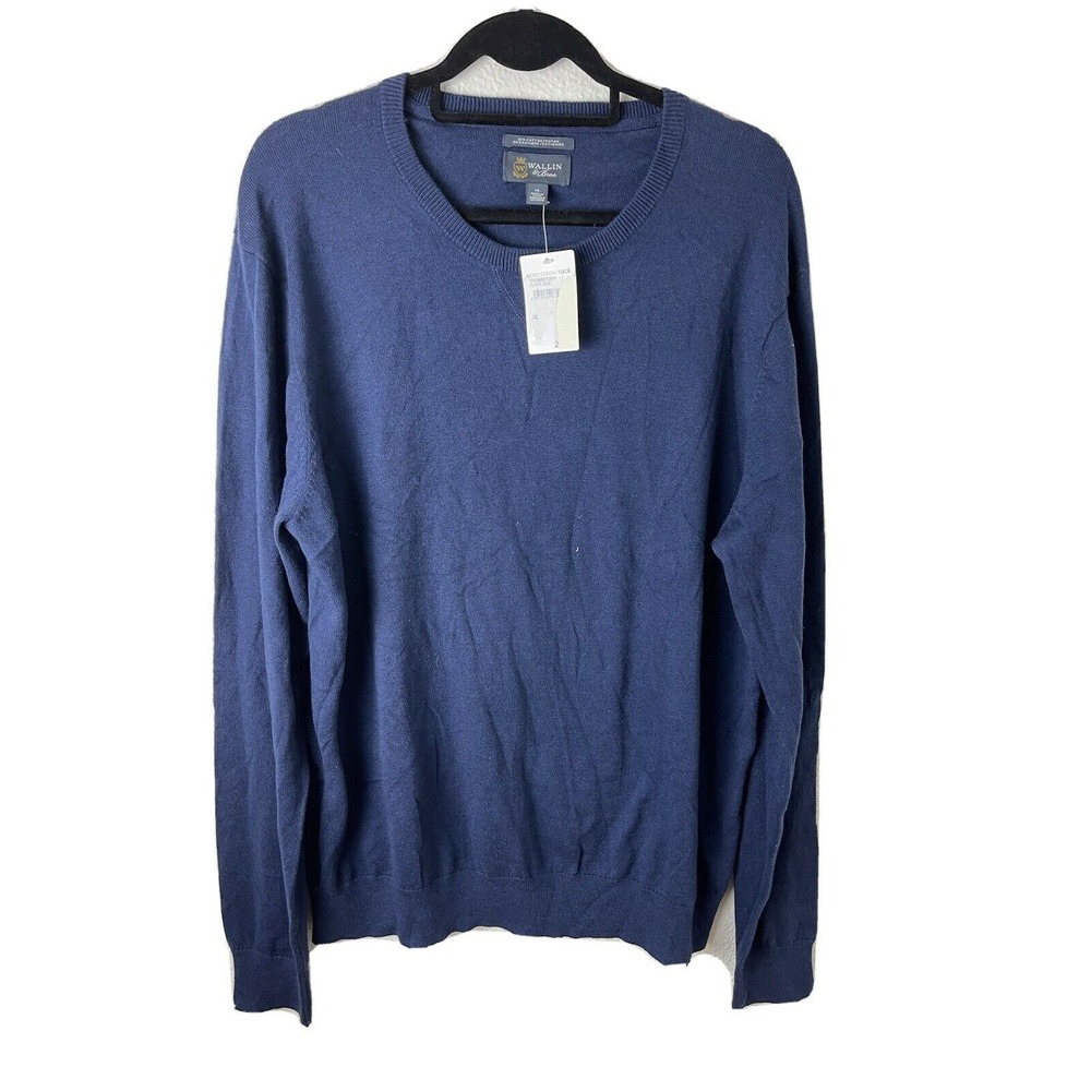 WALLIN & BROS Classic Crew Neck Cashmere Sweater Navy Blue Pullover Sz XL